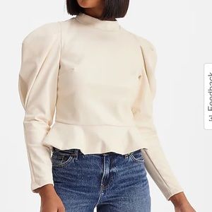 Express Faux Leather Mock Neck Puff Sleeve Peplum Top in Swan Color - Size Small